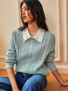 SHEIN Women's Autumn/Winter Patchwork Rhinestone Lapel Long Sleeve Casual Sweater - Limelight Green - View 1