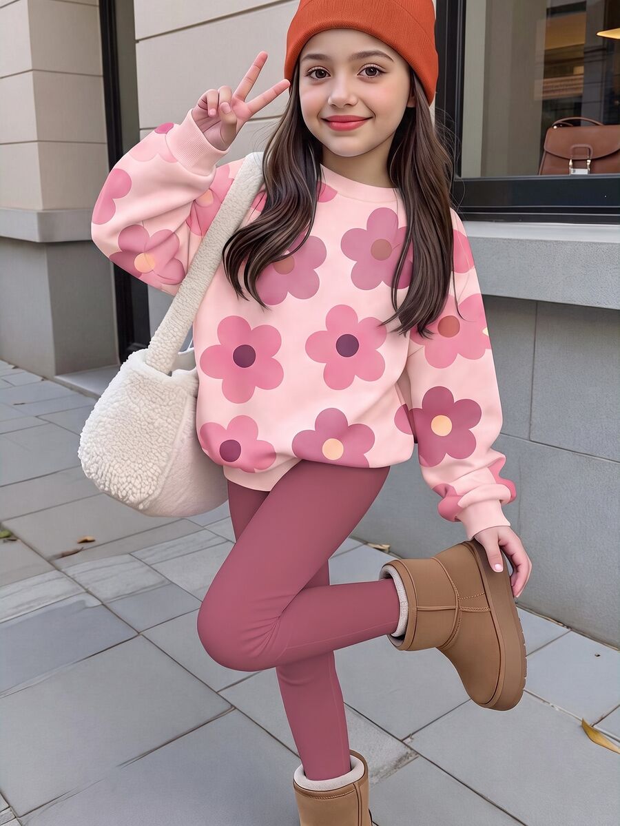 女童可愛紋理波點花卉圖案莓果色系圓領衛衣彈性腰長褲套裝,適合秋冬女孩穿搭,休閒可愛舒適秋冬風格 - 彩色 - 查看 1
