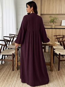 Weeklong Plus Size Solid Dark Grey Textured V-Neck Lantern Sleeve Tiered Maxi Dress, Versatile For Work & Casual Wear - Burgundy - View 2