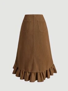 Sweetra Women's Ruffle Pleated Casual Versatile Denim Skirt - Brown - View 2