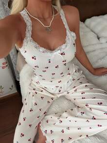 CottageSlumber Allover Cherry Print Lace Trim Spaghetti Strap Top & Pants PJ Set - White - View 5
