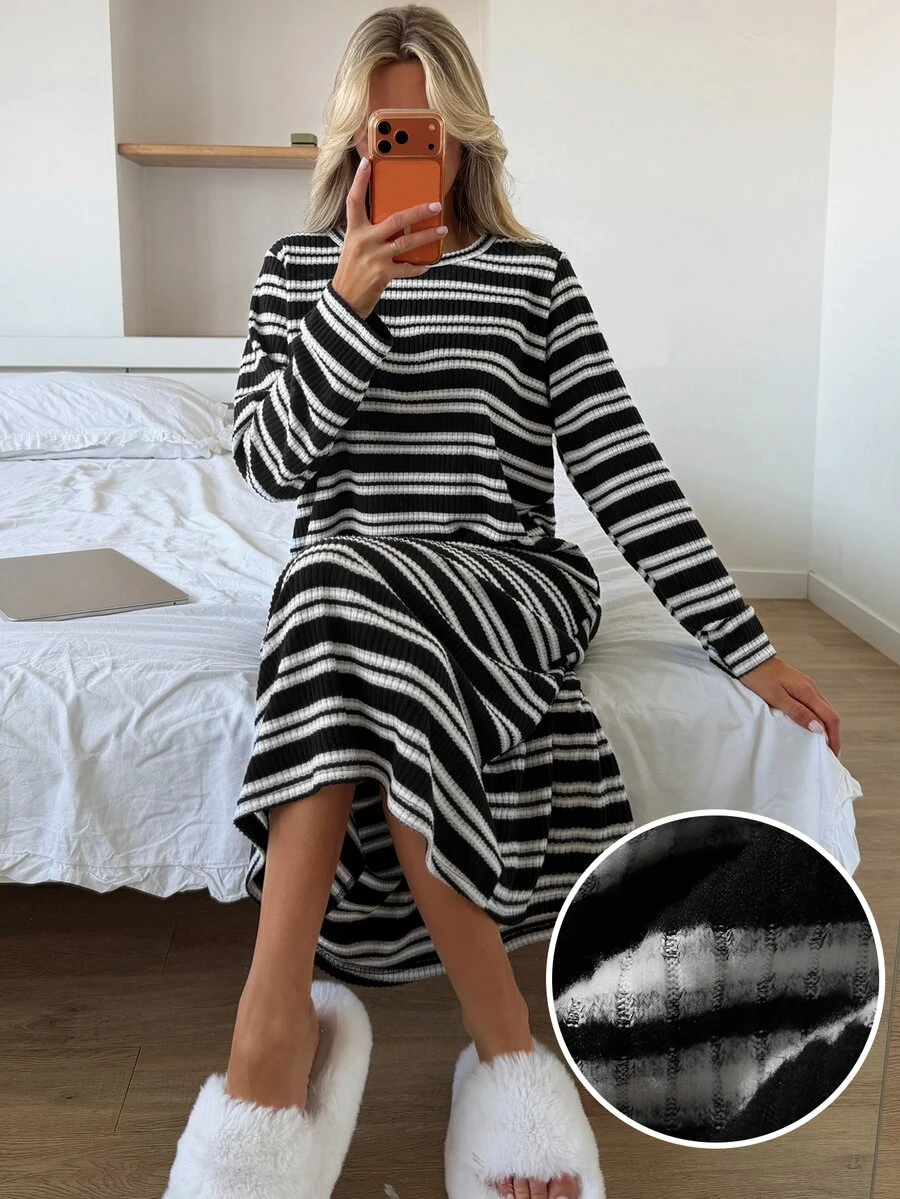 Livesso 女款條紋拼色休閒居家日常家居服洋裝 - 黑色 - 查看 1