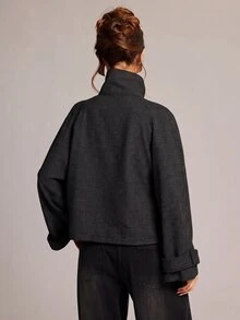 SHEIN BAE 女款街頭時尚高領鈕扣長袖夾克 - 深灰色 - 查看 2