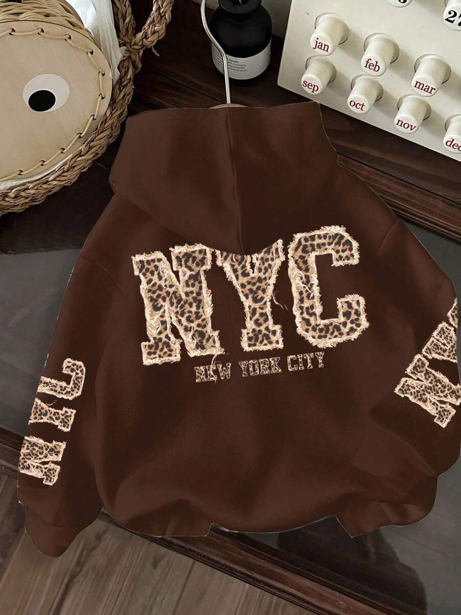 Comfortcana 休閒極簡印花 NYC 豹紋英文字母圖案棕色運動衫,適合秋冬穿著 - 彩色 - 查看 1