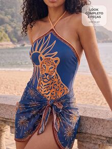CAJUNI Elegant Swimsuit And Sarong Set, Halter-Neck Swimsuit, Leopard Print, Boho Chic - Blue - View 7
