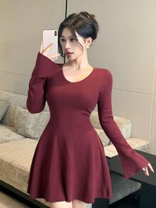 DAZY Women's Elegant Elegant Long Sleeve Sweater Dress Winter - Burgundy - View 8