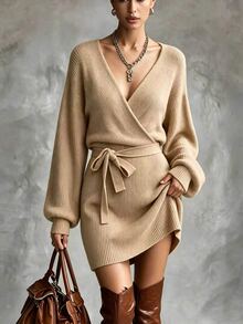 Balvessa Women's Solid Color Overlap V-Neck Dropped Shoulder Long Sleeve Elegant Dress - Apricot - View 3