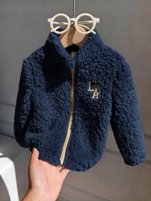 SHEIN 男嬰可愛秋冬百搭毛茸茸杏色刺繡圖案立領夾克 抓絨外套 嬰兒外套 秋冬厚款白色夾克 - 藏蓝色 - 查看 3