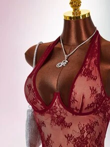 Amplova 女款 V 領滾邊鋼絲杯緊身雙色蕾絲性感優雅派對迷你洋裝，適合 Y2K 夜店派對、宴會、返校日、姐妹聚會，秋冬穿搭 - 酒紅色 - 查看 5