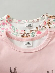 SHEIN 2件組女嬰連身衣可愛粉色花卉鹿圖案按扣長袖圓領薄款生日家庭首週歲派對秋季假期 - 彩色 - 查看 5