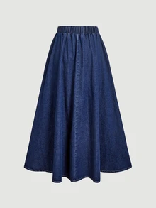 Sweetra Women's Bow Decor Elastic Waist Casual Denim Skirt - Dark Wash - View 2