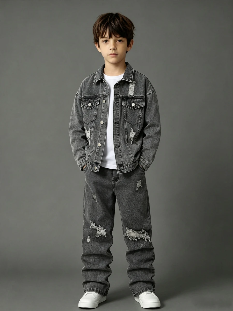 SHEIN Cool Cool Boy 時尚破洞噴染水洗牛仔夾克與修身舒適牛仔褲 2 件套,街頭復古百搭通勤休閒日常男童套裝,四季適用,撕裂破壞風 - 淺灰色 - 查看 1