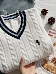 SHEIN Tween Girls Sweaters - Striped, Color-Blocked, Cable Knit, V-Neck, Lantern Sleeve, Wide-Leg Pullover Sweater For Girls, Perfect For Autumn And Winter, And Great For . - White - View 6