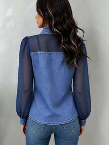 EMERY ROSE Women's Daily Blue Denim Effect Print Patchwork Chiffon Collared Lantern Sleeve Long Sleeve Sheer Casual Blouse, Suitable For Spring And Autumn Daily Wear, Shopping, Dating And Commuting, Also An Ideal Choice For Back To School Season, Versatile Style Shirt - Blue - View 2