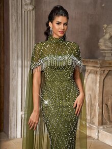 Aureia Elegant Champagne Sequin Embroidered Mesh Patchwork Stand Collar Shawl Strapless Long Evening Gown - Green - View 2