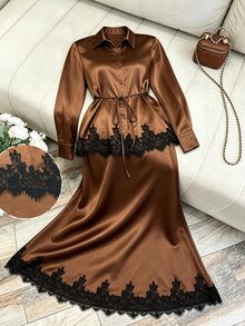 Modelyn Elegant Lace Patchwork Satin Drape Tie Long Sleeve Blouse & Full Skirt Two Pieces Set For Women Plus Size - Brown - View 8