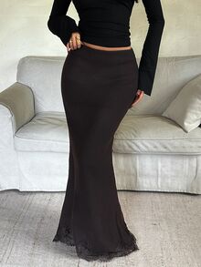 Aloruh Women's Autumn/Winter Brown Lace Patchwork Fitted Mermaid Sweater Dress - Brown - View 6