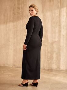 MOTF PREMIUM WOMEN'S PLUS SIZE ELASTIC KNIT STRUCTURED DESIGN LONG DRESS, AUTUMN/WINTER - Black - View 5
