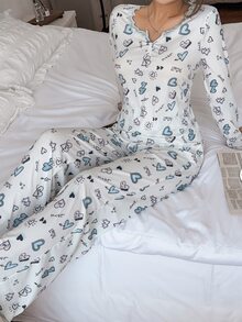 Napfluff Women's Casual Knit Lace Trim Cute Heart Print Loungewear Pajama Set - Multicolor - View 7