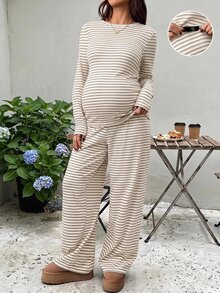 SHEIN Striped Slim Fit Set Round Neck Long Sleeve T-Shirt And Adjustable Waist Wide Leg Pants Fall - Apricot - View 1