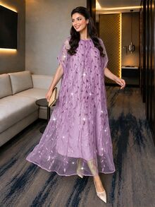 Auveirra Plus Size Women's Leaf Embroidery Pattern Casual Party Dress - Purple - View 6