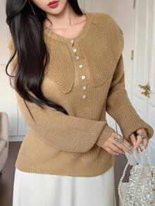 DAZY Women's Khaki Round Neck Pearl Button Loose Short Chunky Knit Long Sleeve Casual Cardigan Jacket - Yellow - View 3