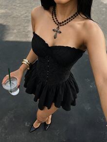 SHEIN ICON Women's Solid Color Pleated Casual Daily Summer Strapless Mini Dress - Black - View 3