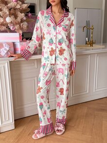 SweetSlumber Young Fashion Leopard Leaf Star Striped Print Lapel Open Front Long Sleeve Pants Pajama Set For Women - Multicolor - View 3