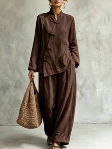 Trelyra Women's Frog Button Design Long Sleeve Shirt And Wide Leg Pants Chinese Style Elegant 2 Pieces Set - Brown - View 1