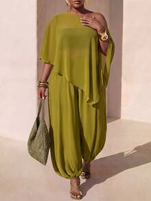 Zivah Plus Size Women Solid Color Asymmetrical Shoulder Top And Pants Casual Daily 2 Pieces Set - Olive Green - View 9