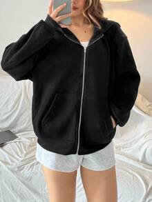 SHEIN 青少年女孩針織純色雙口袋寬鬆休閒衛衣 - 黑色 - 查看 3