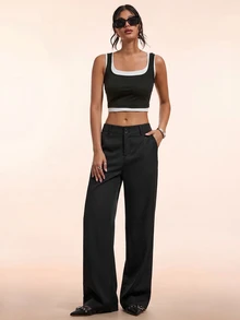 Avantive Women's Solid Color Wide Leg Loose Casual Commute Long Pants - Black - View 9
