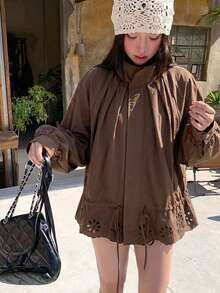 DAZY Women's Lapel Collar Hollow Out Fresh Style Ruffle Trim Thin Jacket Fall - Coffee Brown - View 6