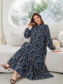 Al Najma 女款花卉圖案燈籠袖荷葉邊優雅阿拉伯風洋裝 - 藏蓝色 - 查看 4