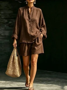 Glimmora Women's Solid Color Long Sleeve Top And Shorts Casual Daily 2 Pieces Set - Brown - View 1