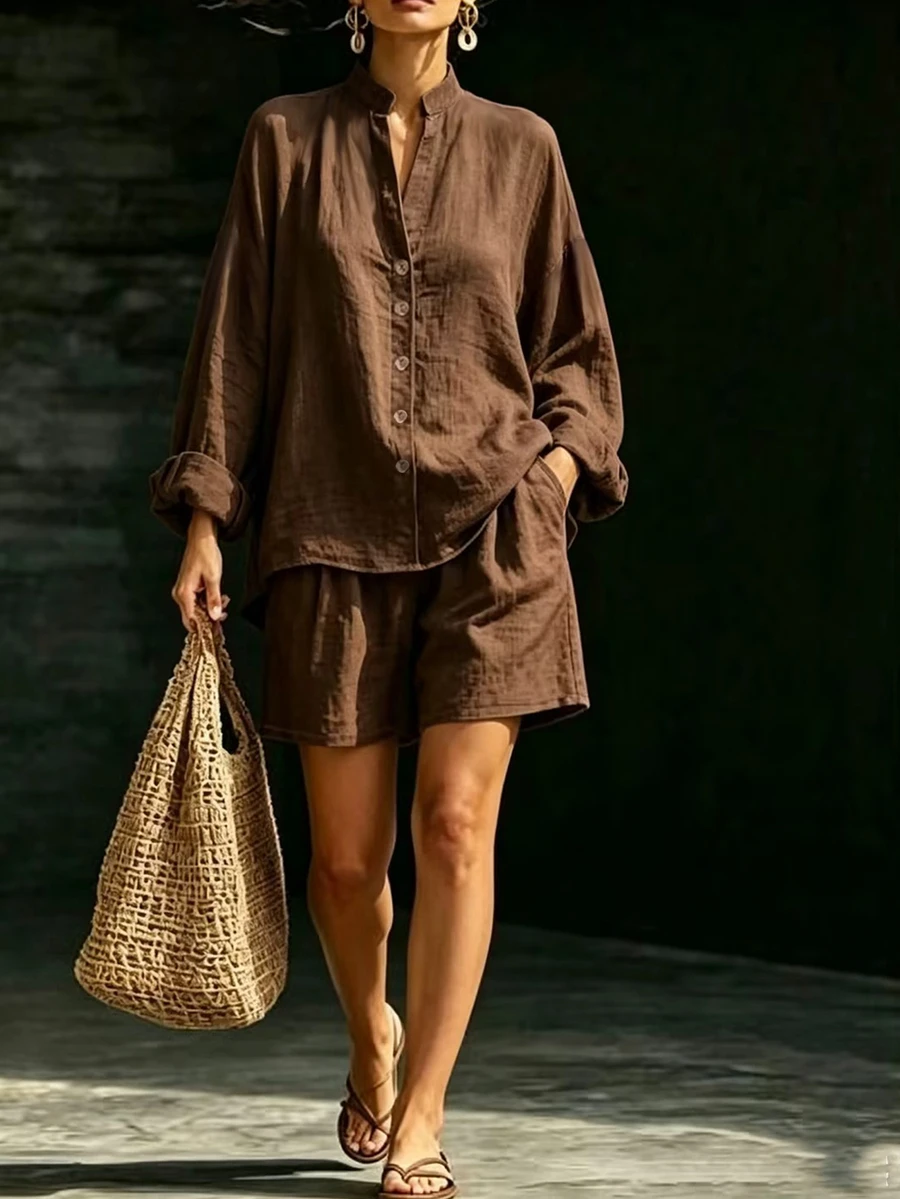 Glimmora Women's Solid Color Long Sleeve Top And Shorts Casual Daily 2 Pieces Set - Brown - View 1