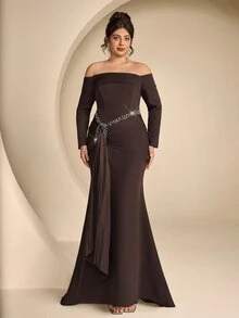 Coutiva Plus Size Elegant Luxury Rhinestone Pleated Off-Shoulder Evening Gown Dress - Coffee Brown - View 7