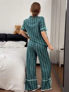 Napfluff 條紋印花休閒居家女款睡衣套裝，對比色翻領短袖上衣配長褲 - 墨綠色 - 查看 2