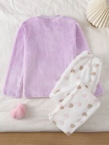 Genkimix Kids 女童大童睡衣套裝 秋冬日常休閒優雅居家服 長袖長褲 蝴蝶結刺繡圖案與滿版小愛心印花 刷毛套裝 - 淡紫色 - 查看 2