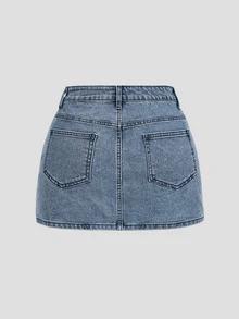 SHEIN MOD 女款街頭風鈕扣口袋牛仔迷你裙 - 藍色 - 查看 3