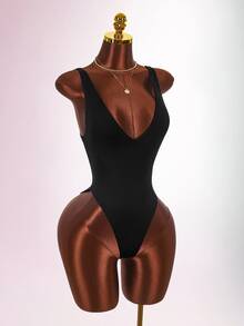 Amplova Women's Solid Color Deep V-Neck Sleeveless Sexy Bodysuit - Black - View 7