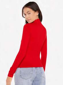 SHEIN BASICS 女款高領長袖羅紋針織修身T恤上衣，黑色 - 紅色 - 查看 2