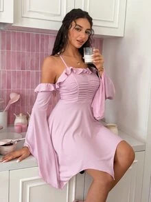 SweetSlumber Sweet Romantic Asymmetrical Off-Shoulder Ruched A-Line Frill Trim Women's Nightgown - Pink - View 6
