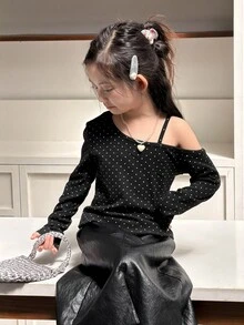 DAZY Tween Girl Polka Dot Print Asymmetric Collar Long Sleeve T-Shirt - Black - View 8