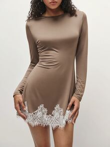 TRNVIE Vestido mini de encaje en contraste - Caqui - Ver 9