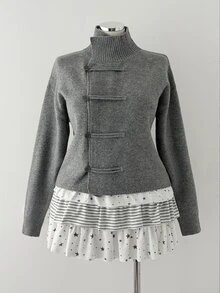 Sunspun Napoleon Style Women Plus Size Casual High Neck Asymmetric Placket Frog Button Long Sleeve Slim Fit Cardigan Sweater Fall - Grey - View 4