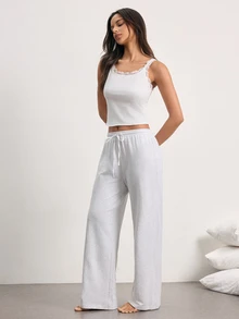 Ocili Grey Sweatshirt Pants Camisole Comfortable Cotton Top Lace Ruffle Wave Edge Cami Long Pants Women Loungewear Set - Light Grey - View 5