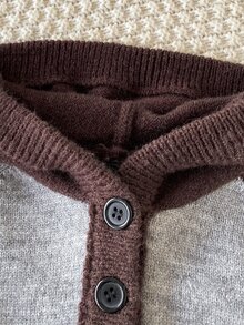 Young Boy Two Tone Raglan Sleeve Half Button Placket Hooded Sweater - Grey - View 3