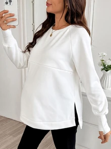 SHEIN Maternity Solid Color Nursing Function Casual Daily Long Sleeve Sweatshirt Winter - White - View 6