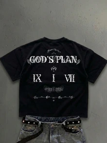 Manfinity ZONE917 美式復古哥德風做舊 GOD'S PLAN 圖案黑色短袖短版 T-shirt - 黑色 - 查看 1